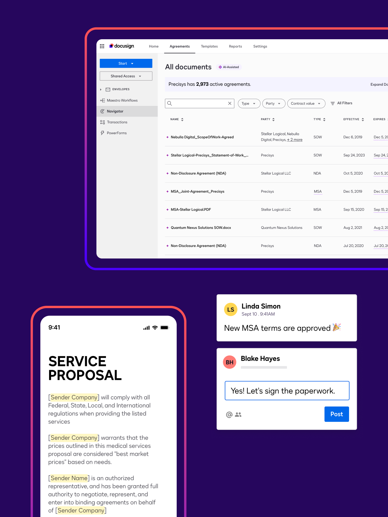 Features in Docusign IAM Core, including a notification prompting a user to sign a service proposal, a dashboard of documents, comments on an agreement, and a service proposal with fields highlighted.