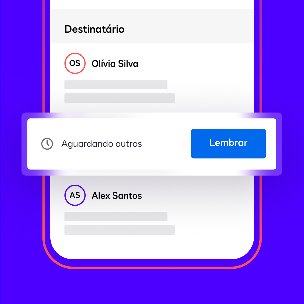 Uma tela no aplicativo móvel da Docusign mostra o status de um acordo como "aguardando outros" e oferece a opção de lembrar o signatário.