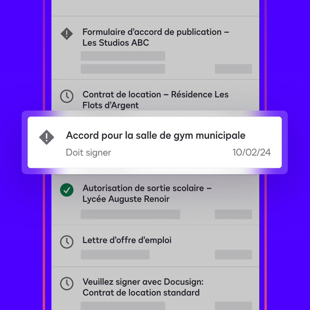 Un tableau de bord dans l’application Docusign eSignature affiche un accord qu’un utilisateur doit signer et renvoyer et qui présente la mention « Doit signer ».