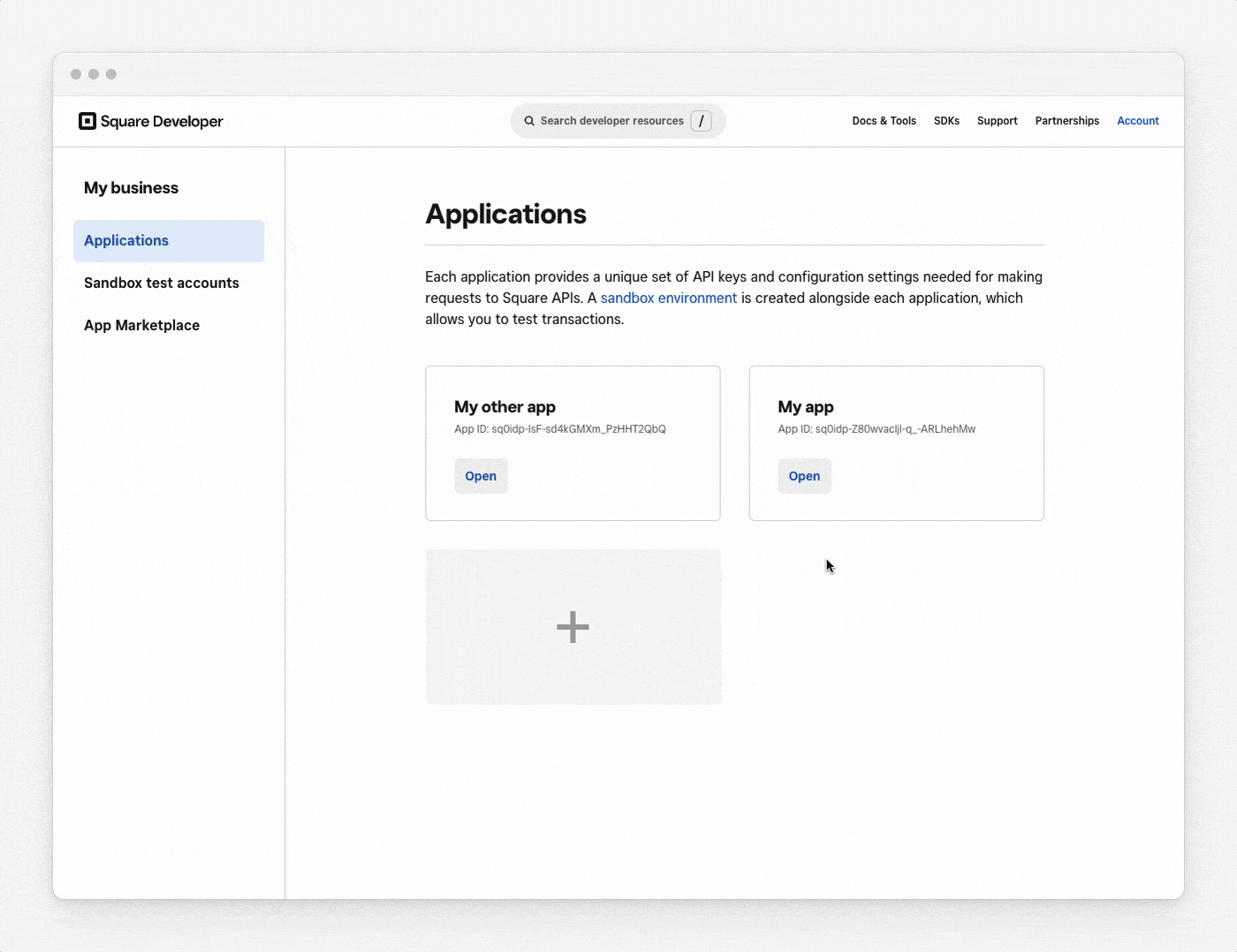 An animation showing how to get the Sandbox access token and location ID in the Developer Console.