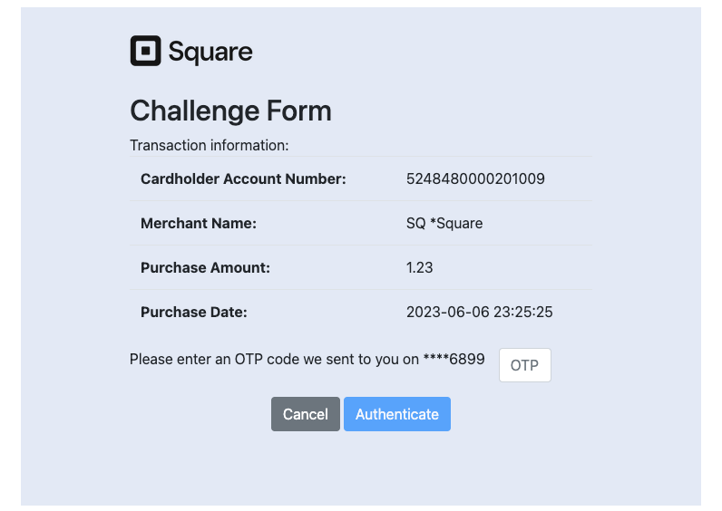 A graphic showing the SCA cardholder authentication window that appears when the verifyBuyer function is called.
