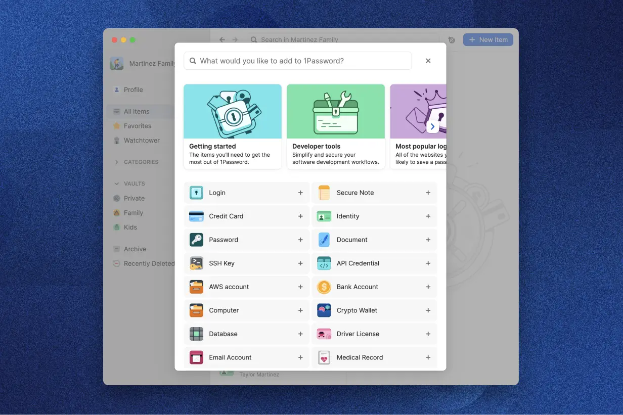 Animation of 1Password password manager interface, highlighting the types of information that can be securely stored and shared.