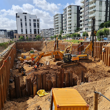 Construction site with excavators and other construction equipment
