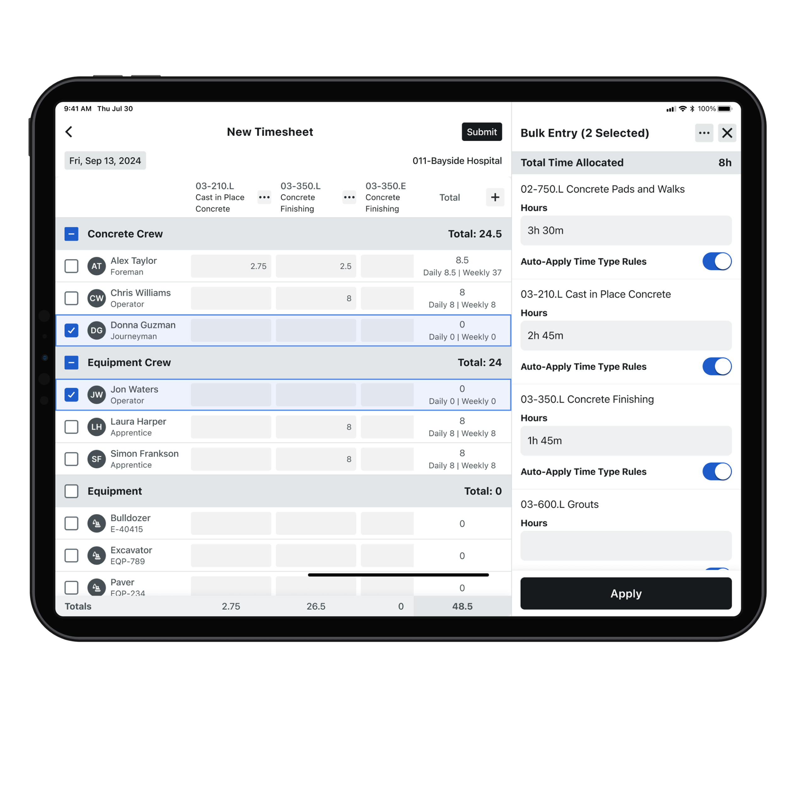 Procore's Timecard tool on a tablet