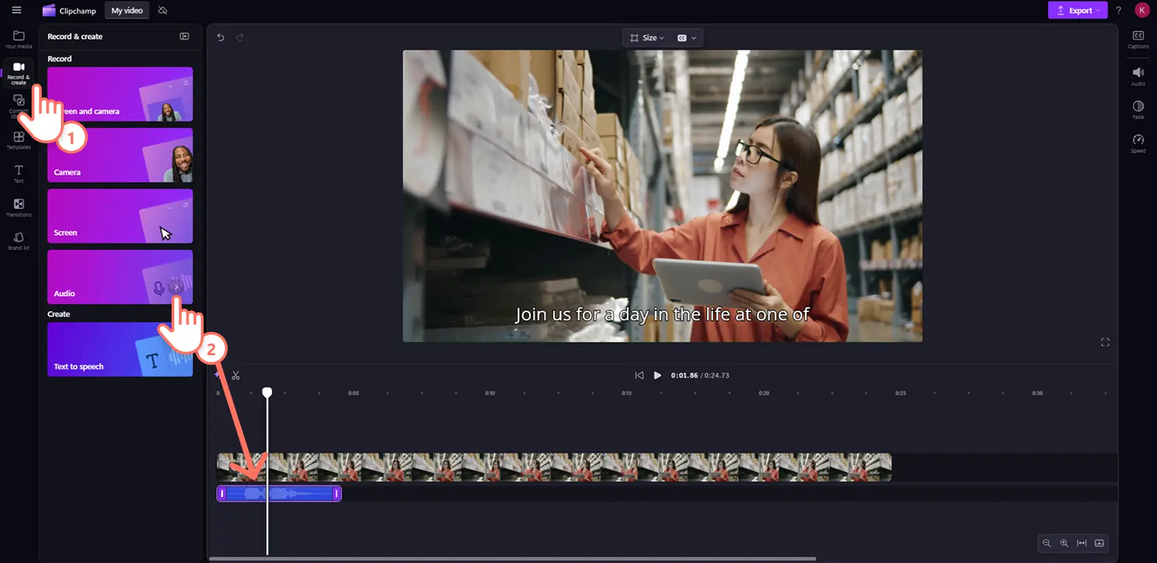 A user recording a voiceover using the online voice recorder in Clipchamp.