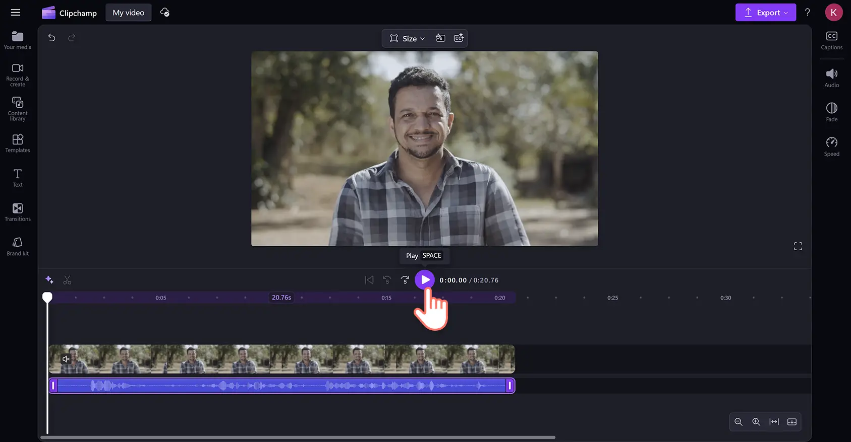 A user clicking on the play button after using AI noise suppression in Clipchamp video editor.