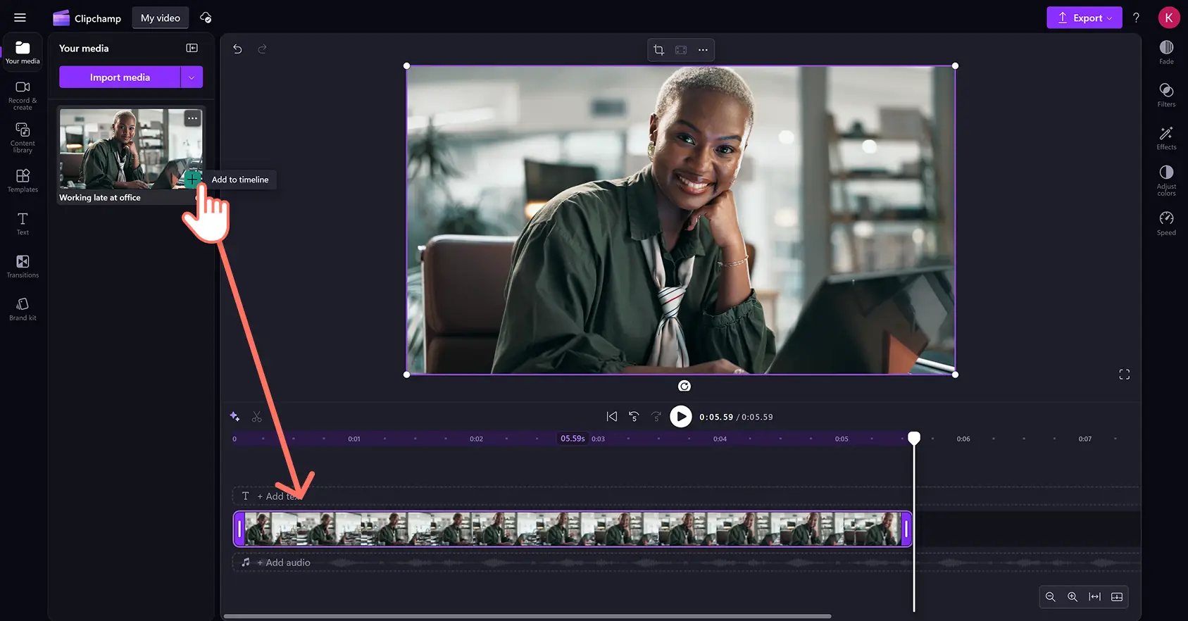 A user adding a video to the editing timeline in Clipchamp video editor.