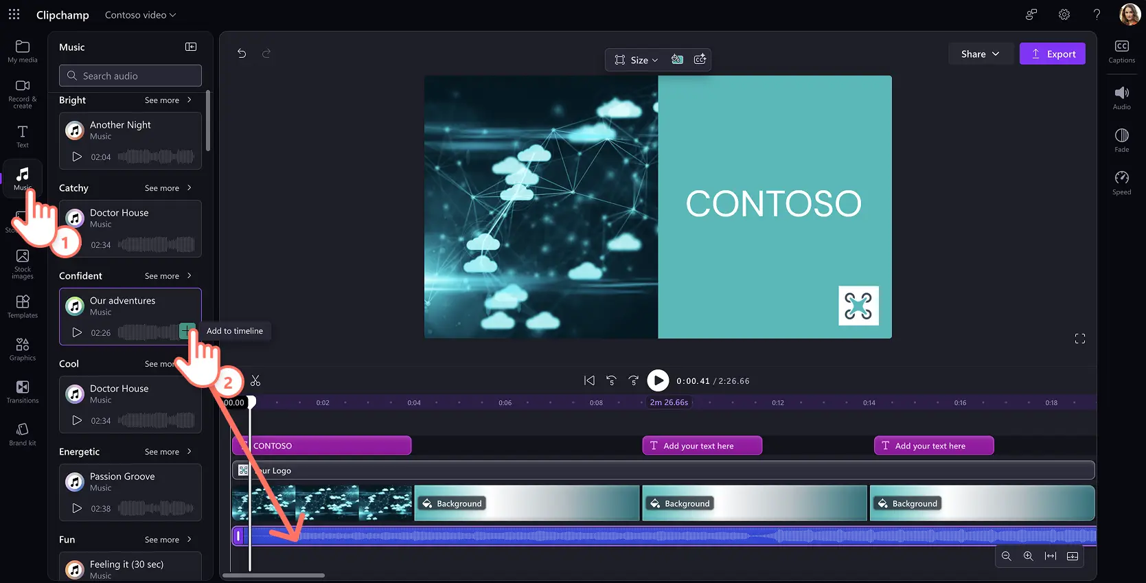 Użytkownik dodający utwór muzyczny bez tantiem do szablonu w usłudze Clipchamp