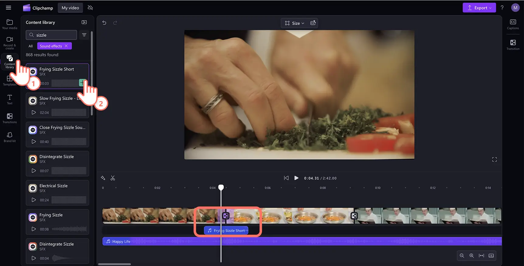 A user adding a sound effect under a transition on the timeline.
