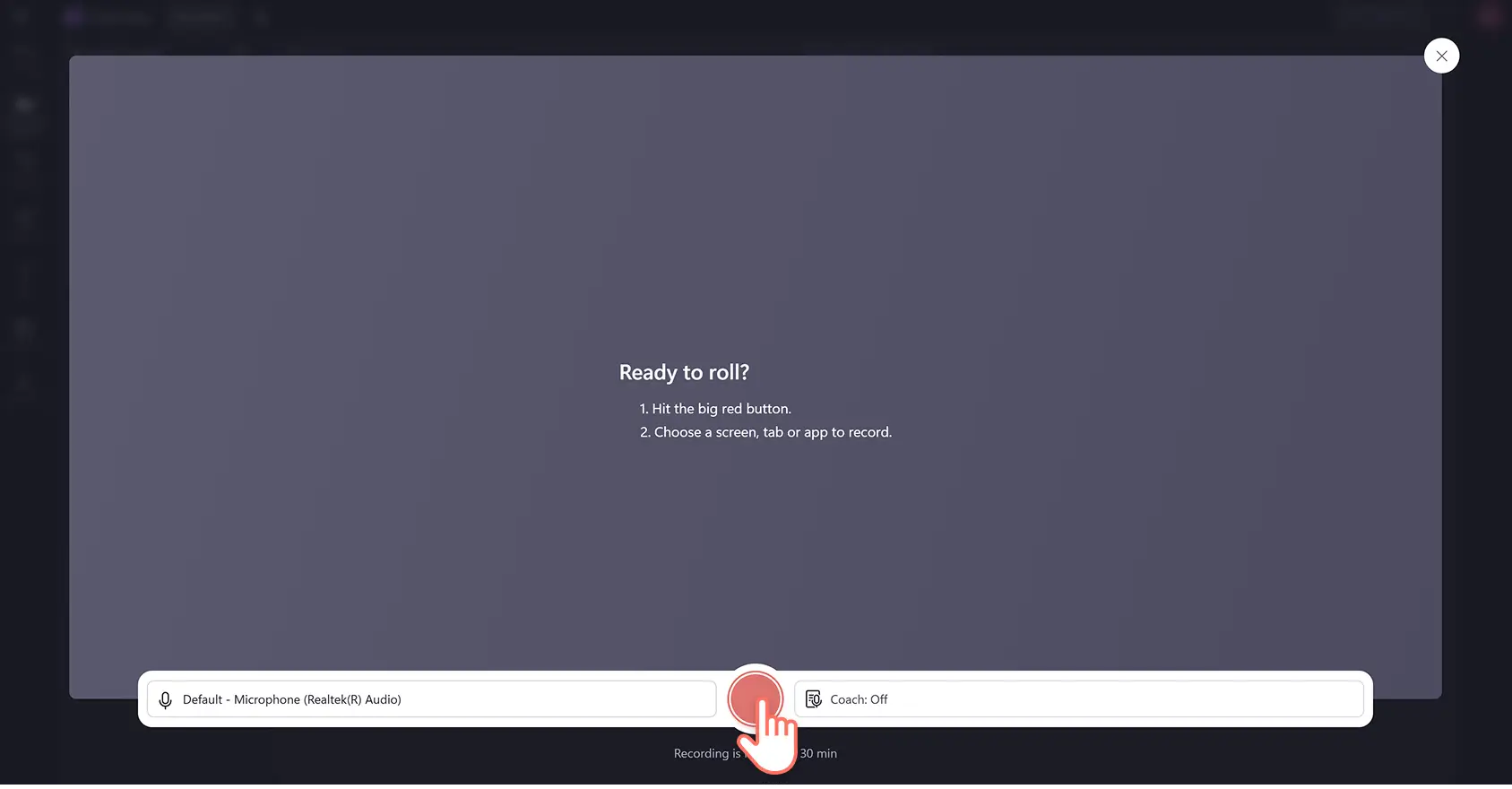 A user clicking on the record button for Windows in Clipchamp video editor.