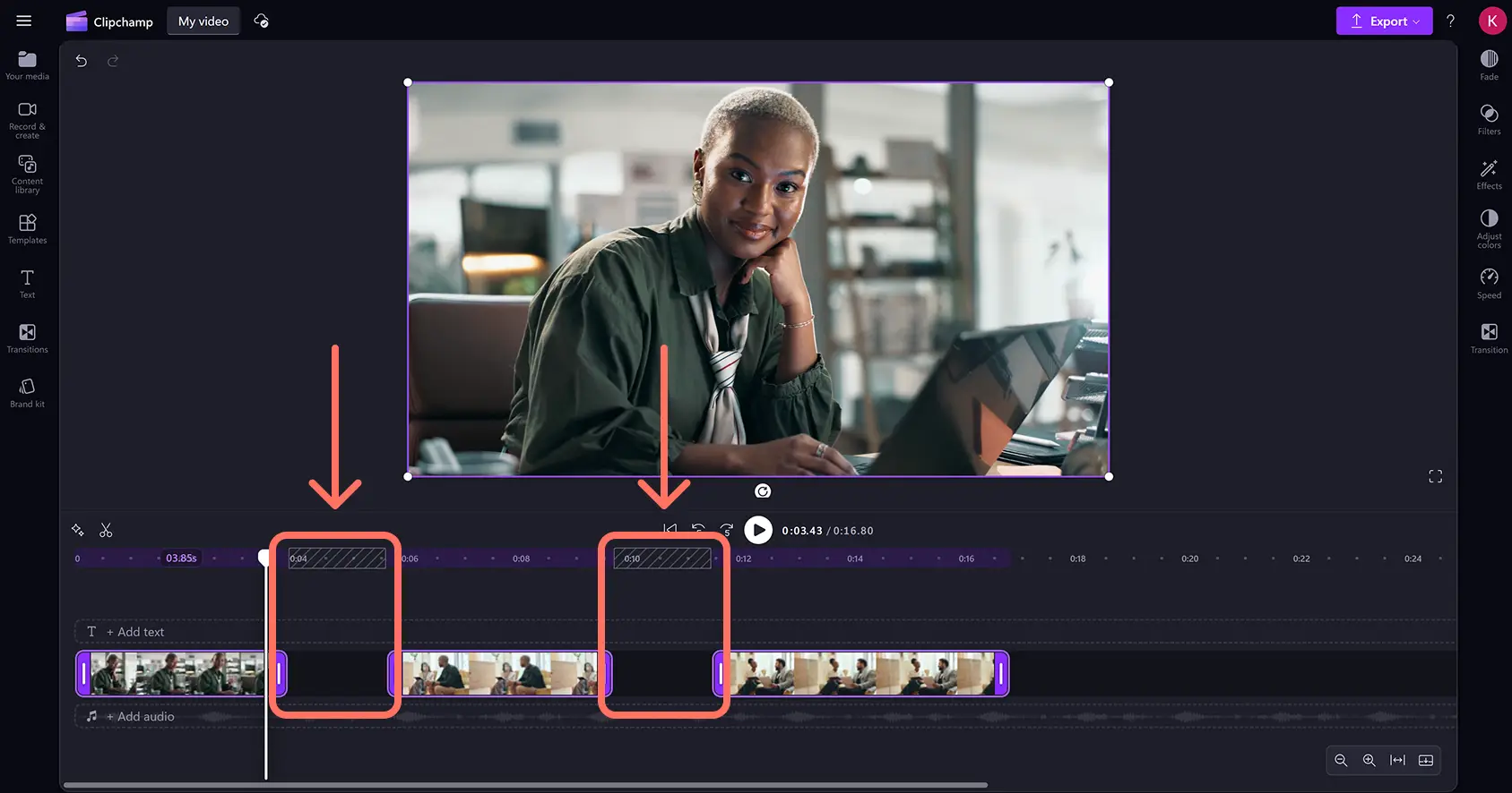 An editing timeline with multiple gaps between video assets in Clipchamp video editor.