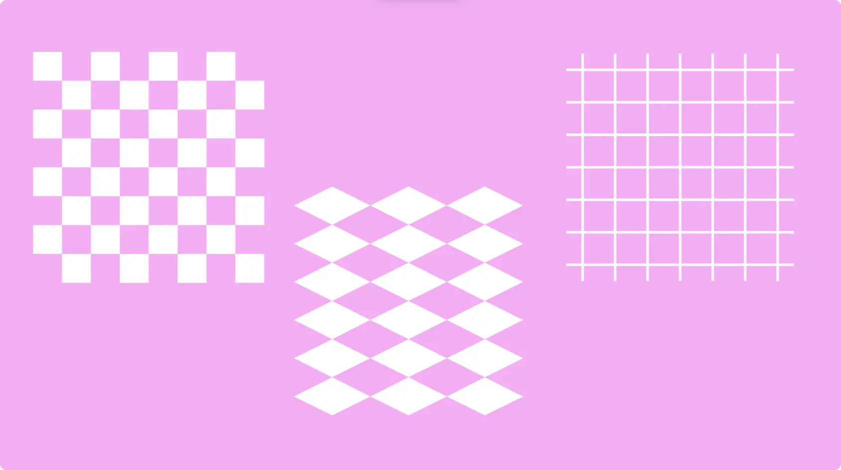 Three white grid patterns on a pink background.