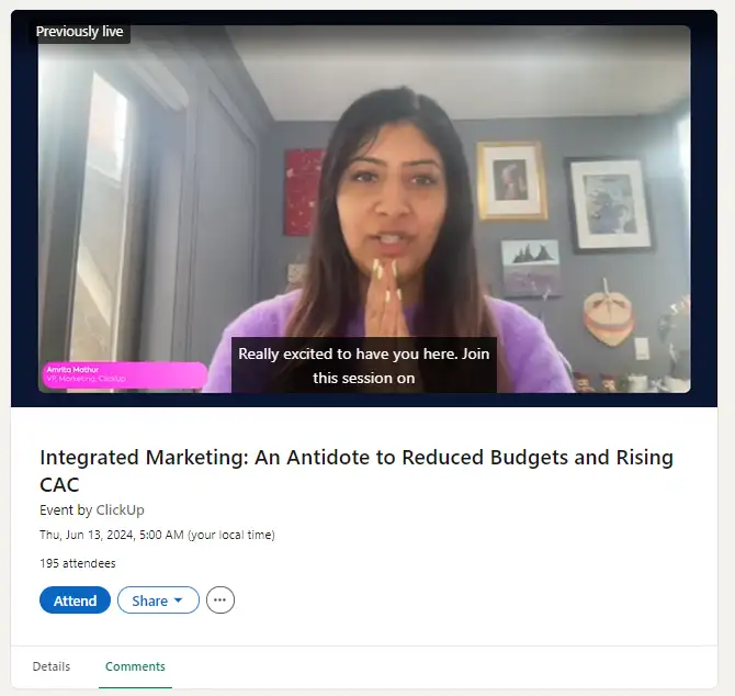 ClickUp’ın LinkedIn Live videosunun ekran görüntüsü.