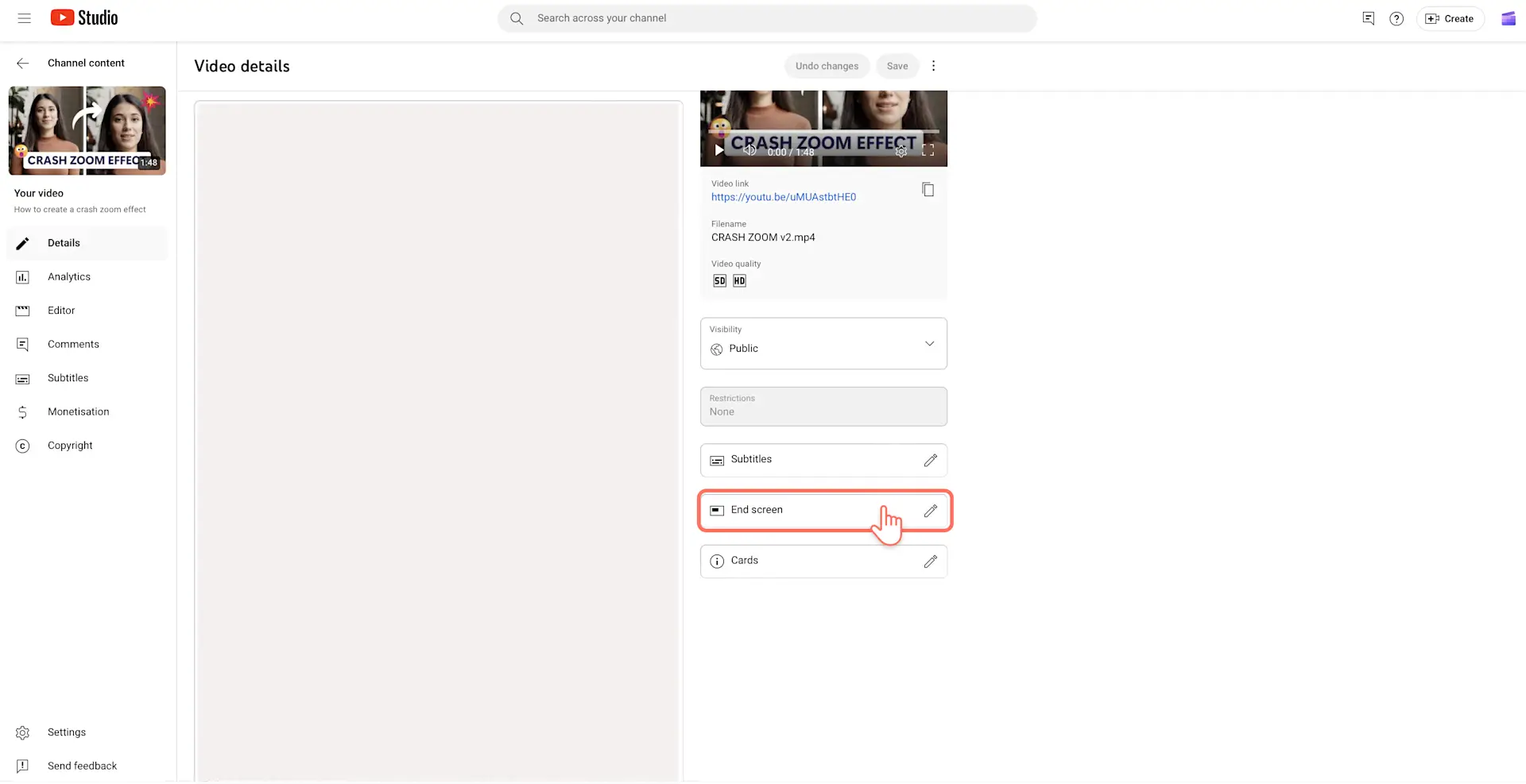 Sélection de l'option modifier l’écran de fin pour une vidéo dans YouTube studio.