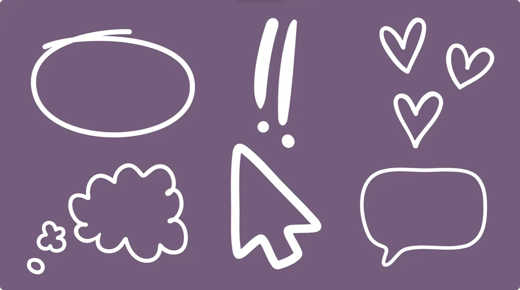 Six white hand drawn shapes on a purple background.