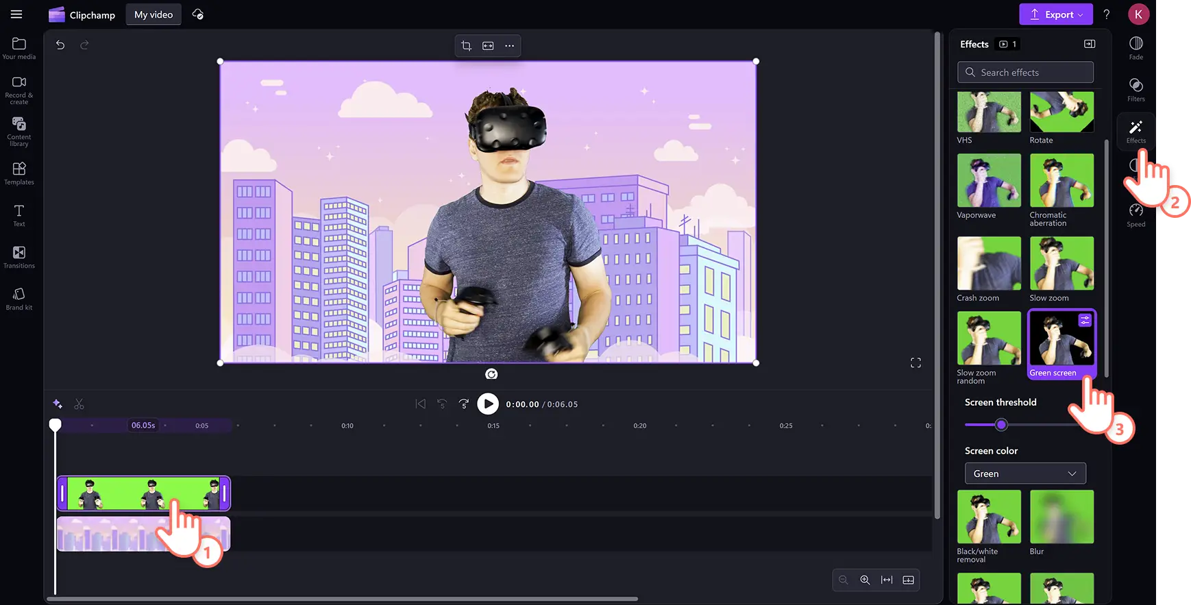 A user applying the green screen effect to a video asset in Clipchamp video editor.