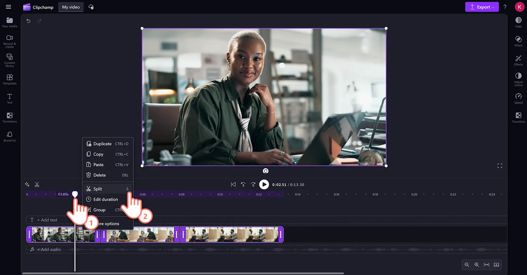 A user trimming a video using the split button in Clipchamp video editor.