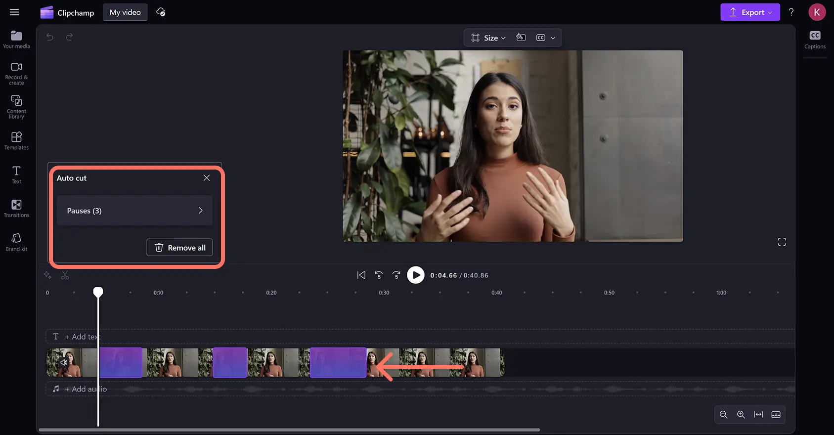 A user viewing the AI detected pauses in a video in Clipchamp video editor.