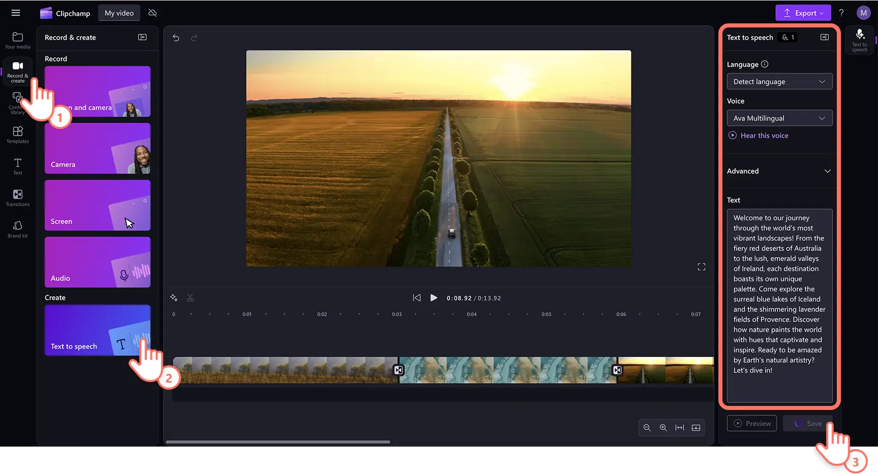 User creating an AI voiceover in Clipchamp
