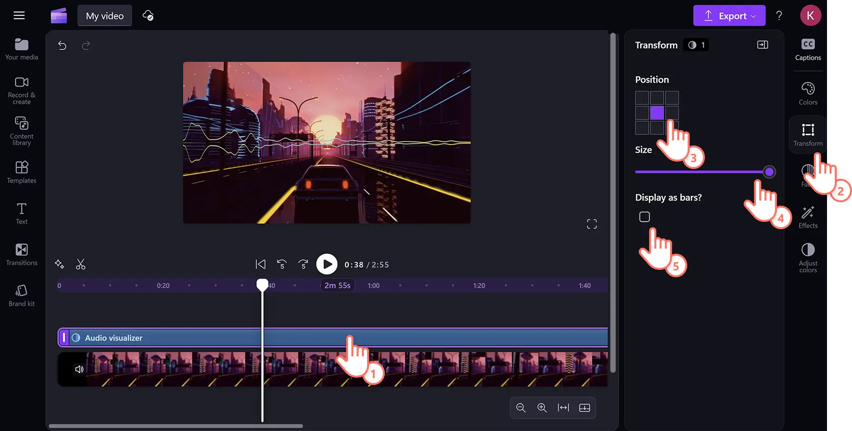 A user editing the position, size, and display of the music visualizer in Clipchamp video editor.