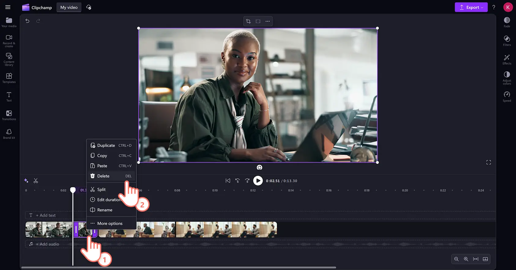A user deleting excess footage from the editing timeline in Clipchamp video editor.