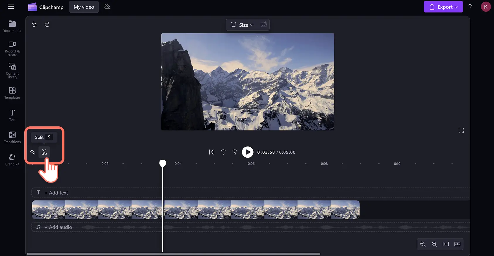 A user clicking on the split button to split a video clip in Clipchamp.