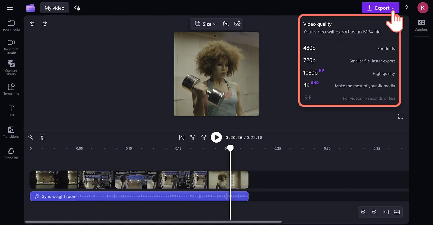 A user exporting a highlight Reel in Clipchamp video editor.