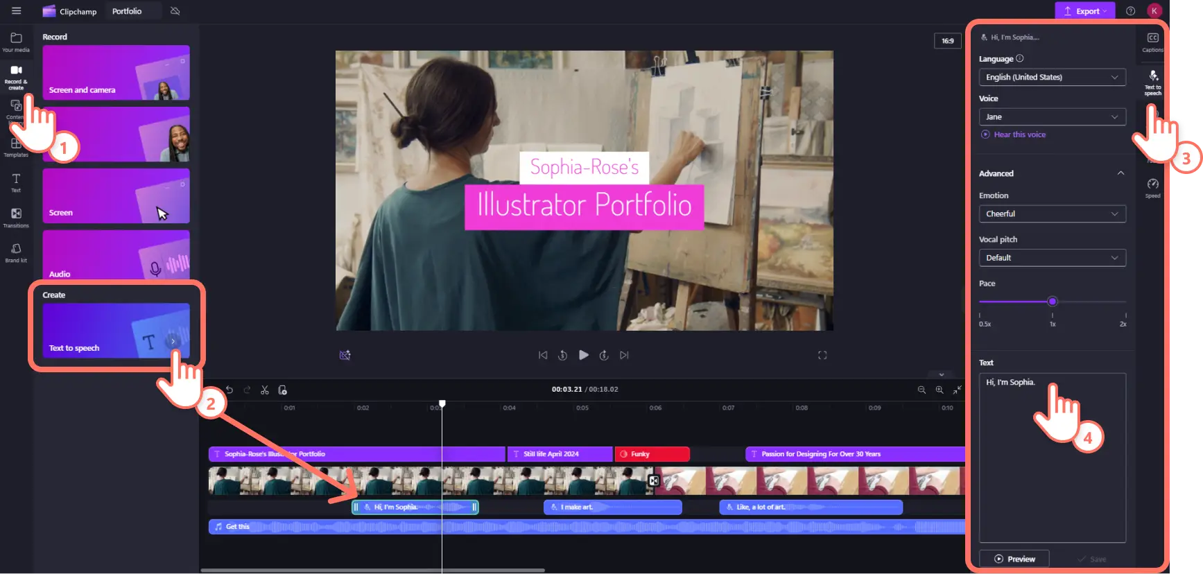 Бейне портфолиосына мәтінді сөзге түрлендіру мүмкінігін қосып жатқан Clipchamp пайдаланушысы.
