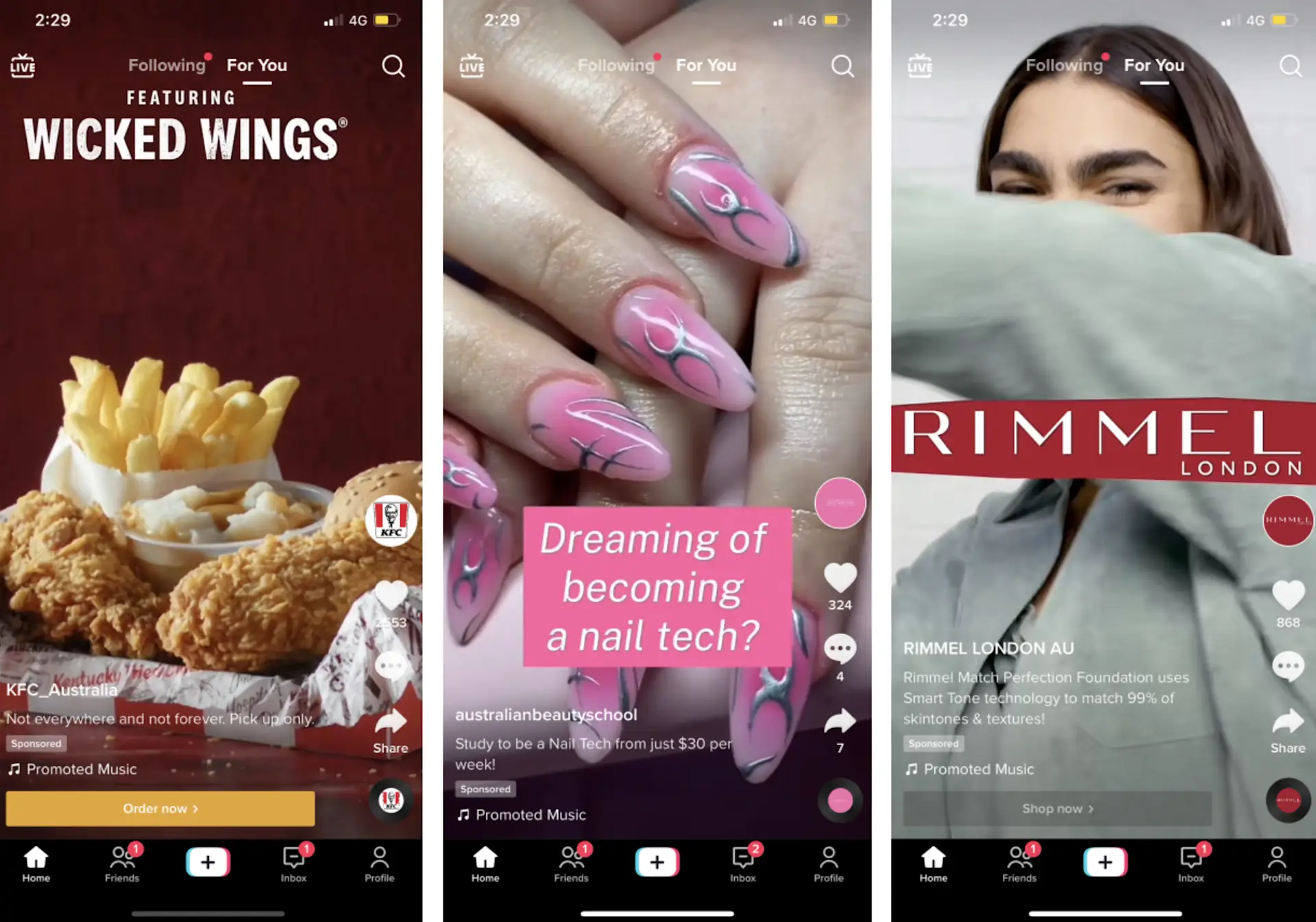 Un insieme di tre annunci di TikTok che mostrano la varietà degli annunci di TikTok