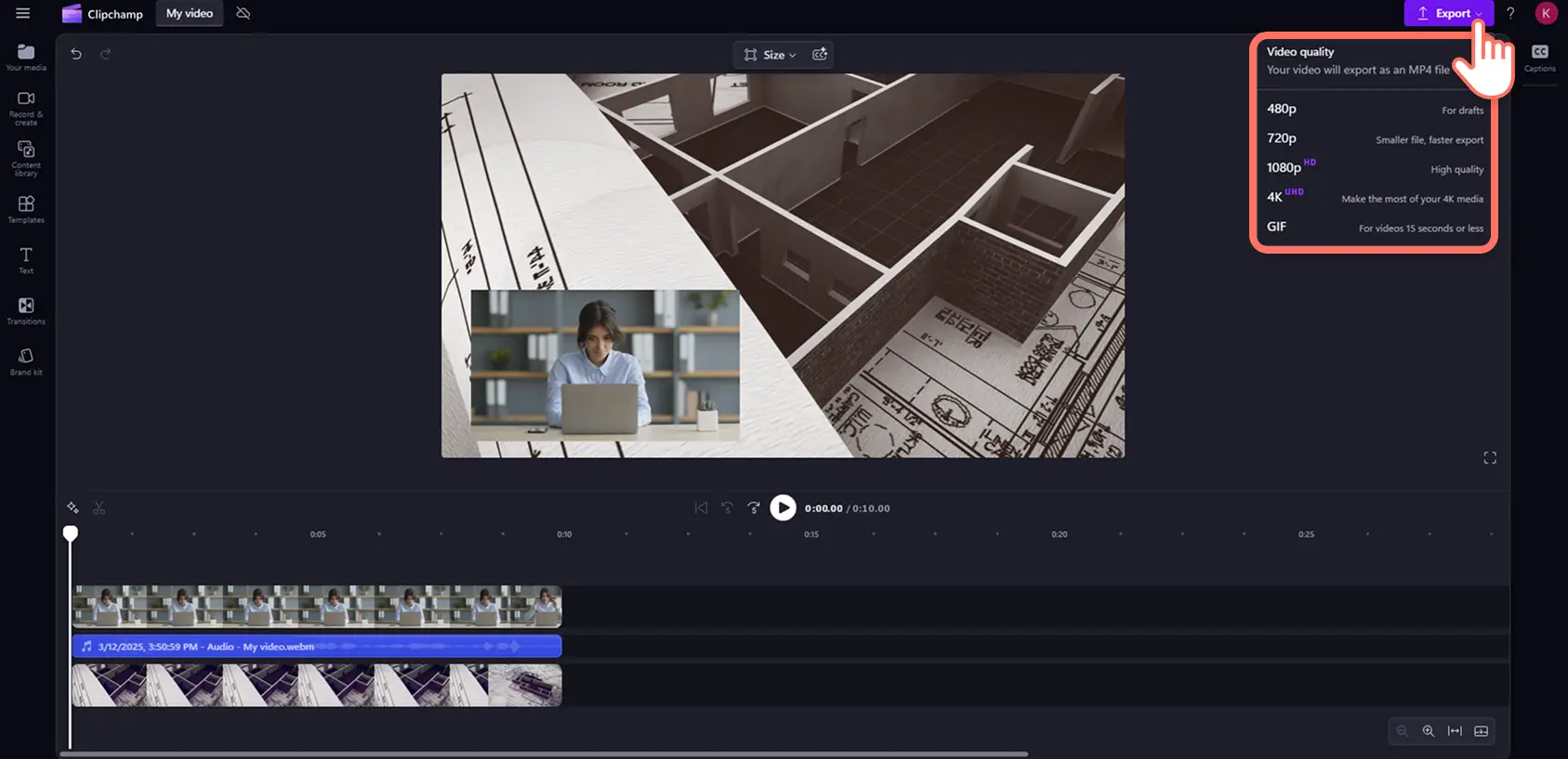 Użytkownik eksportujący swój film typu obraz w obrazie w usłudze Clipchamp.