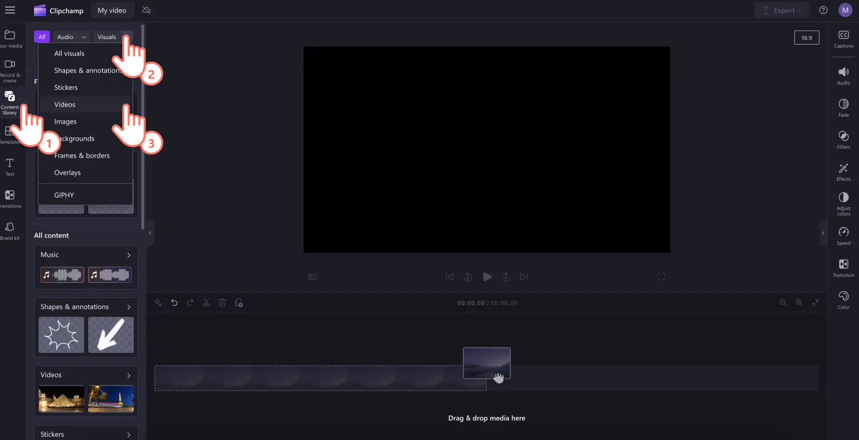 การเลือกมีเดียในสต็อกใน Clipchamp