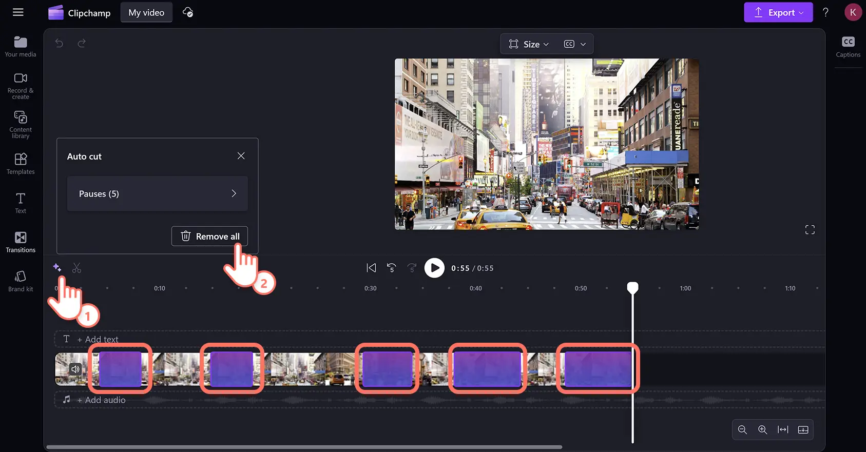 A user using AI autocut to detect and delete unwanted silences in a video’s audio in Clipchamp.