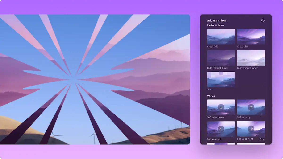 An image of the transitions inside Clipchamp for work.
