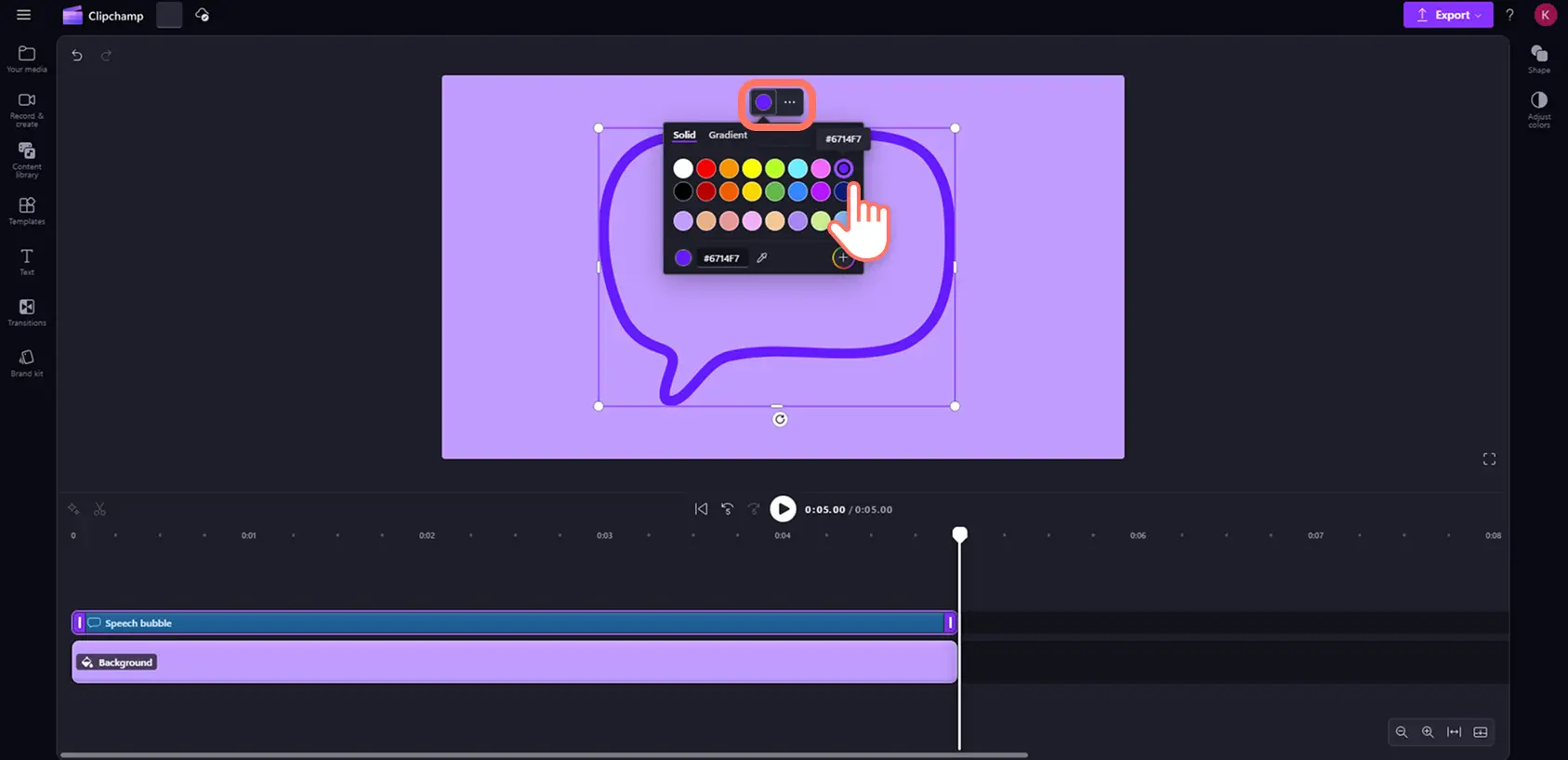 A user changing the color of a speech bubble shape in Clipchamp.