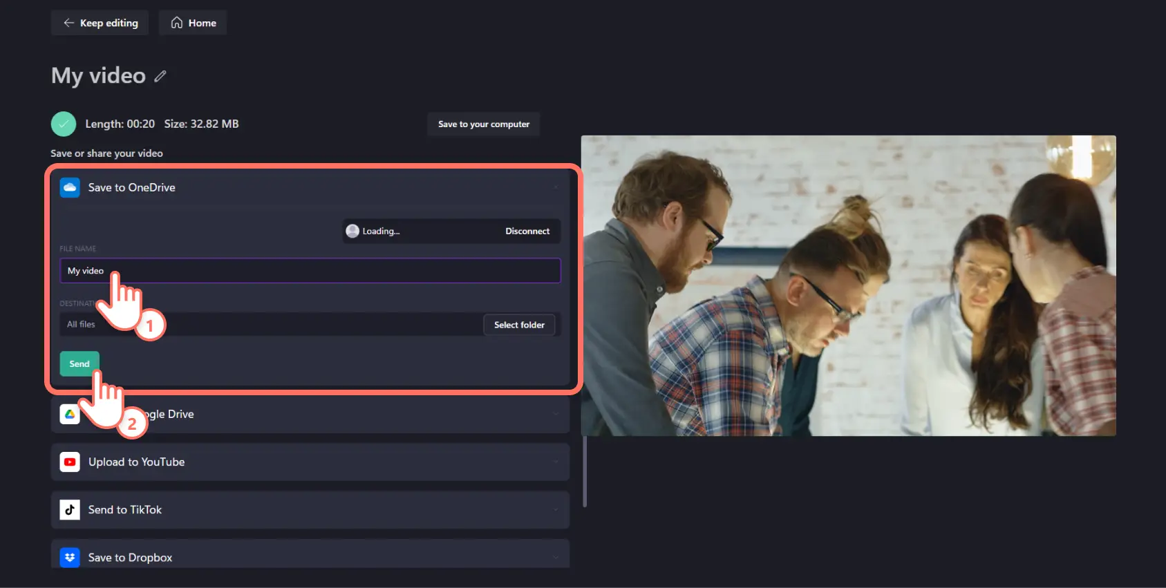 An image of a Clipchamp user exporting their video to OneDrive.