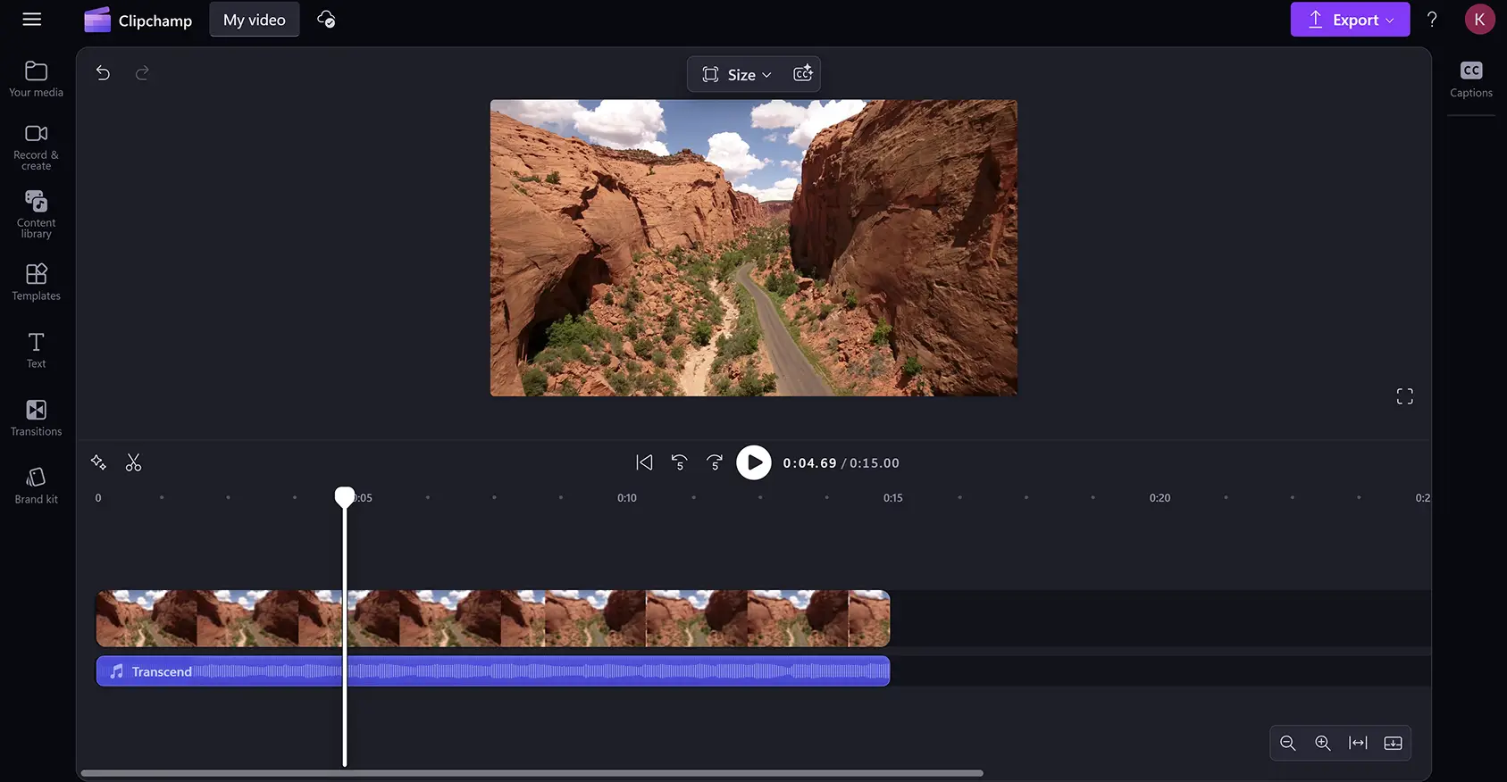 The video editor view after the toolbar and property panel have been collapsed in Clipchamp.