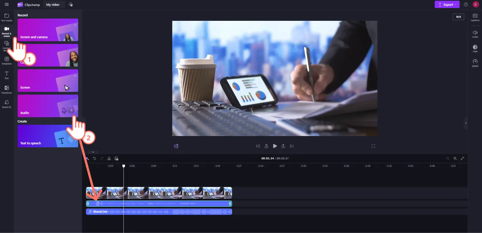 A user adding a voiceover using the free voice recorder online in Clipchamp.