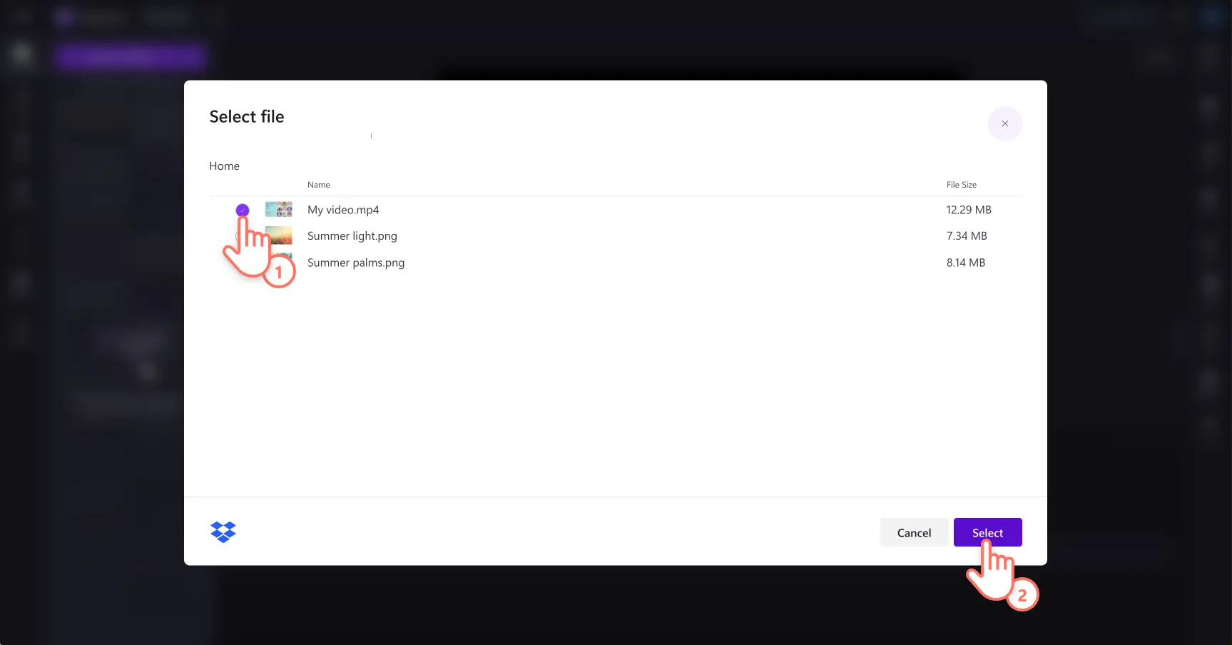 Image of a user selecting photos and videos in Google Drive to import into Clipchamp.