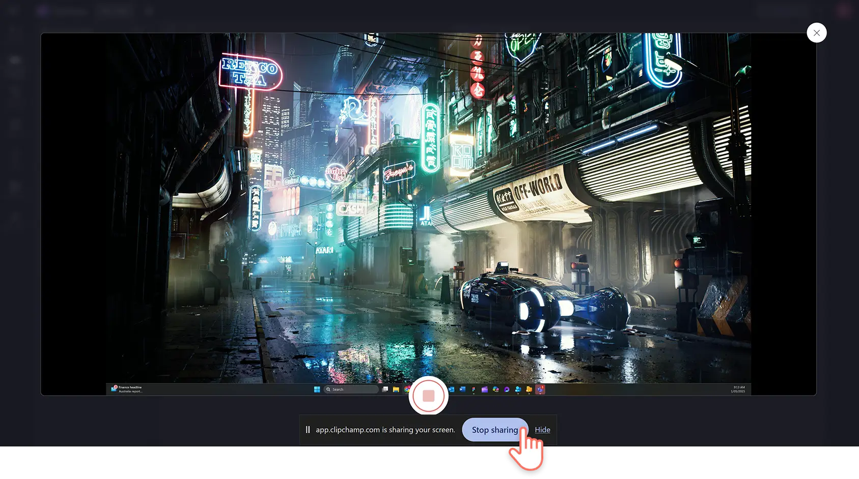 A user clicking on the stop recording button of the screen recorder in Clipchamp video editor.