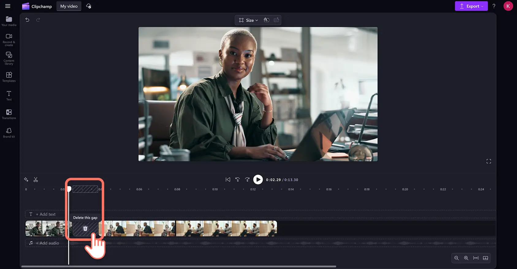 A user clicking on the delete gaps button on the editing timeline in Clipchamp video editor.