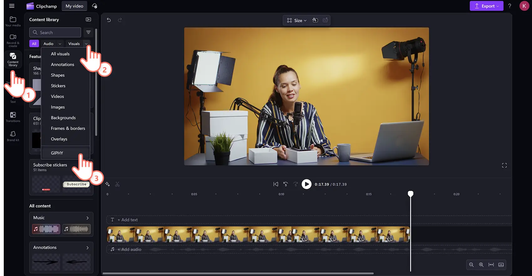 En bruker som åpner GIF-integrasjonen i innholdsbiblioteket i Clipchamp.