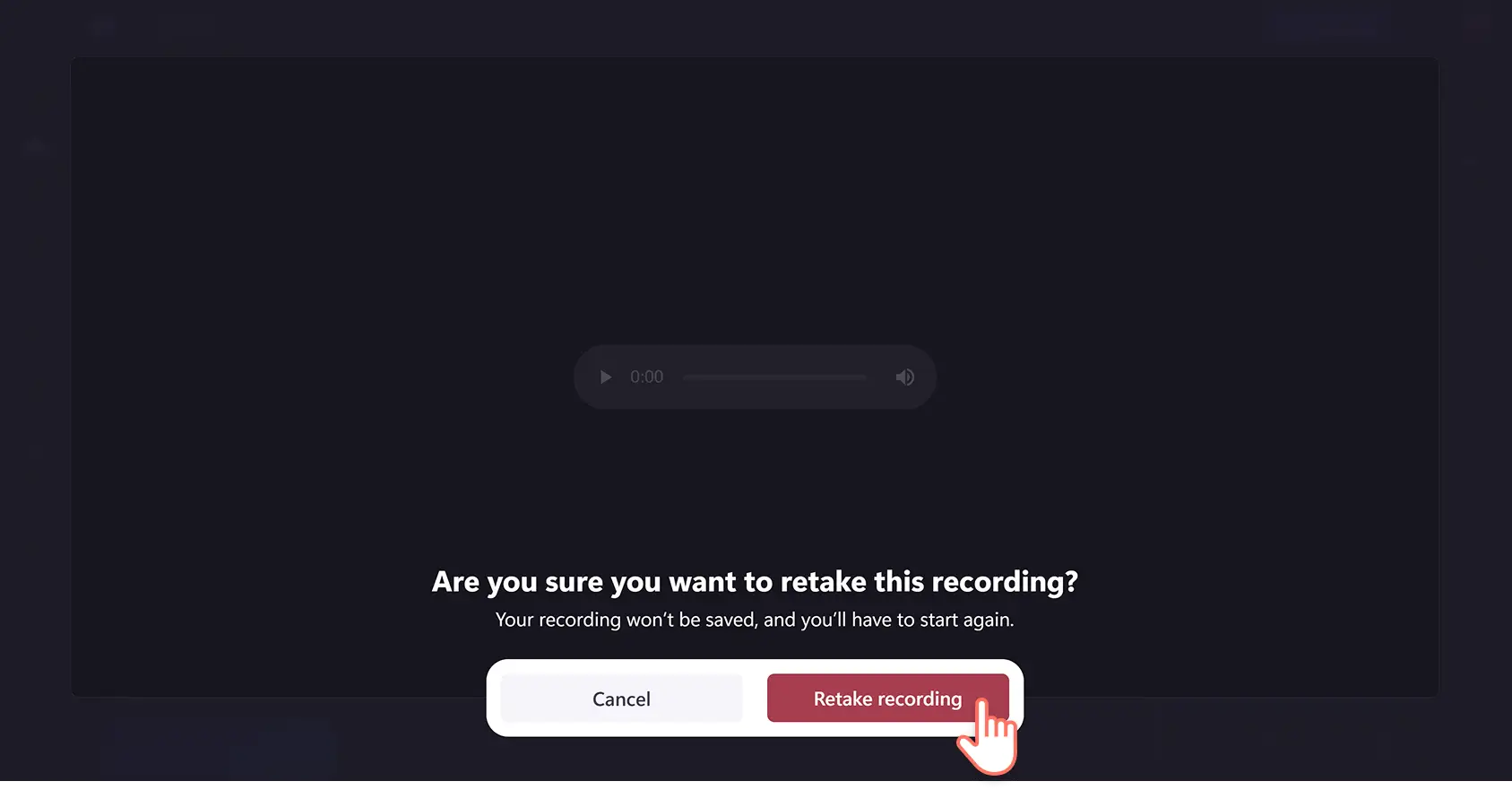 A user clicking on the retake recording button inside the online audio recorder in Clipchamp video editor.