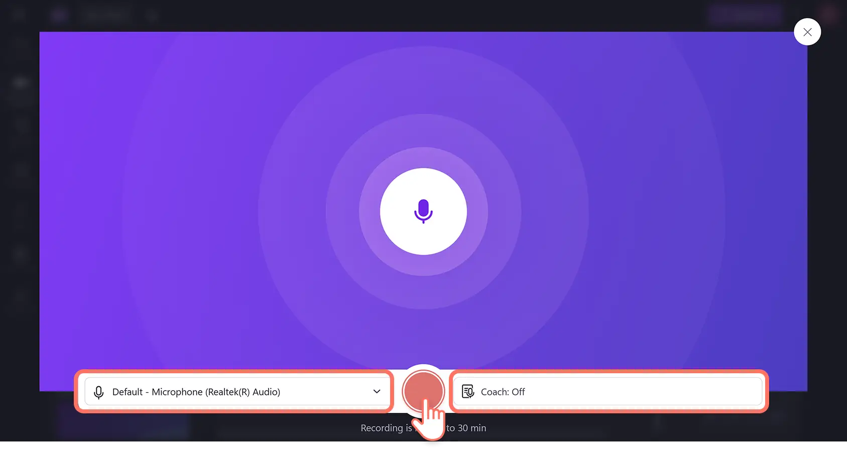 A user clicking the record button inside the voice recorder in Clipchamp video editor.