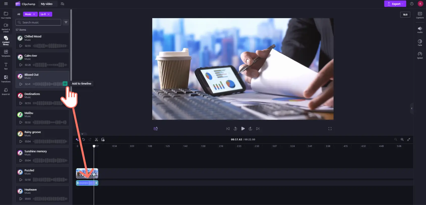 A user adding royalty-free background music to the timeline in Clipchamp.