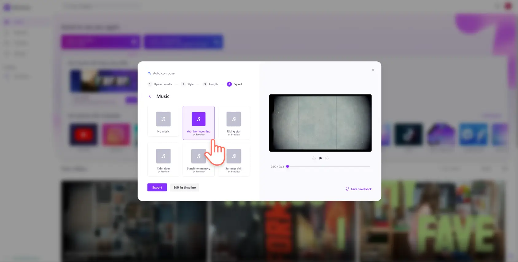 A screenshot of a Clipchamp user choosing music using auto compose.