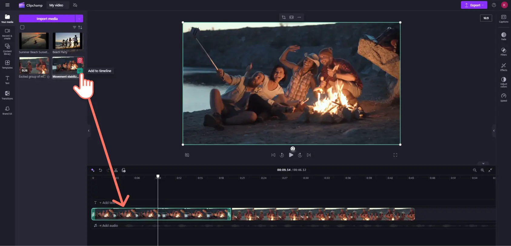 A user adding stock video of a beach campfire picnic onto the timeline in Clipchamp.