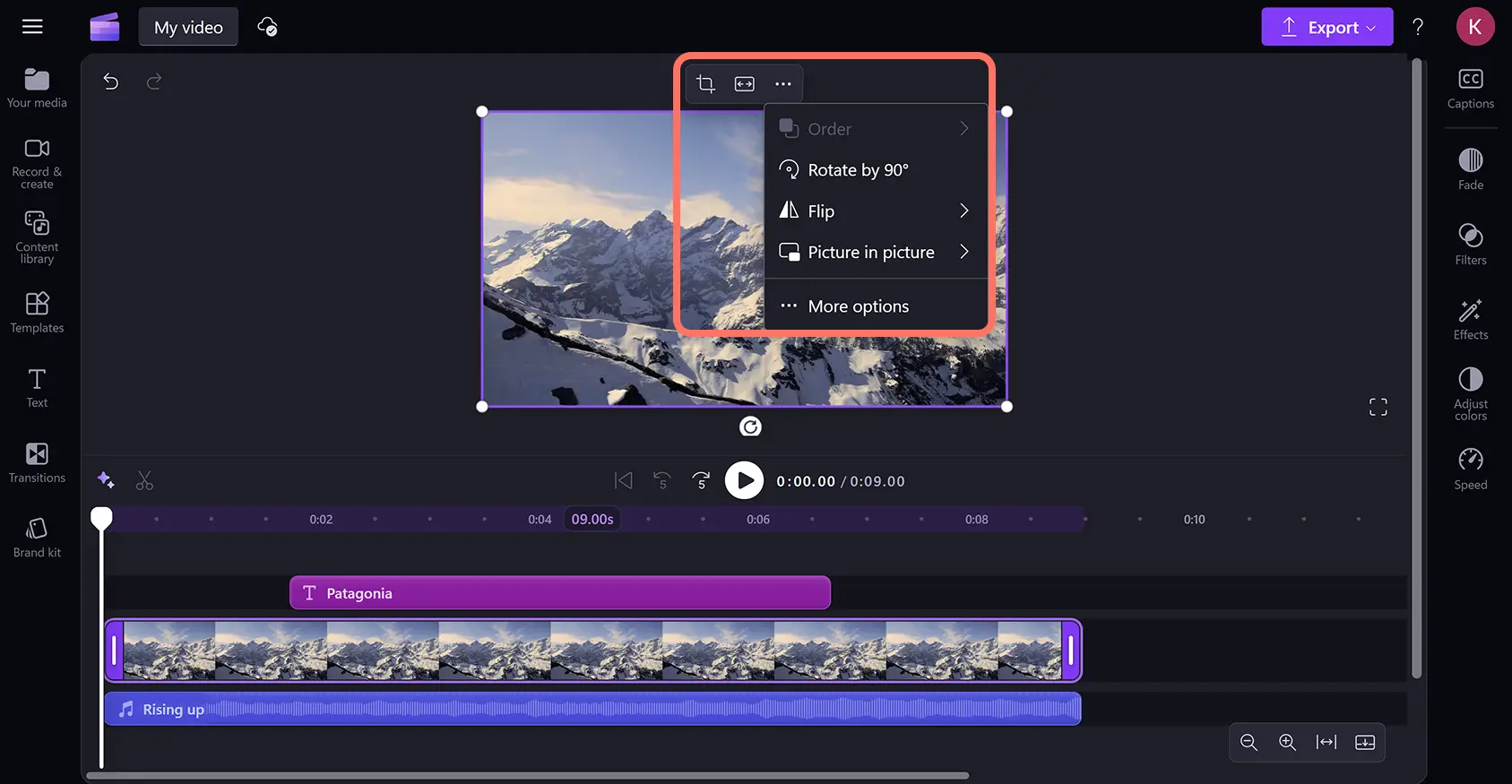 The floating toolbar after an asset has been selected on the timeline in Clipchamp video editor.