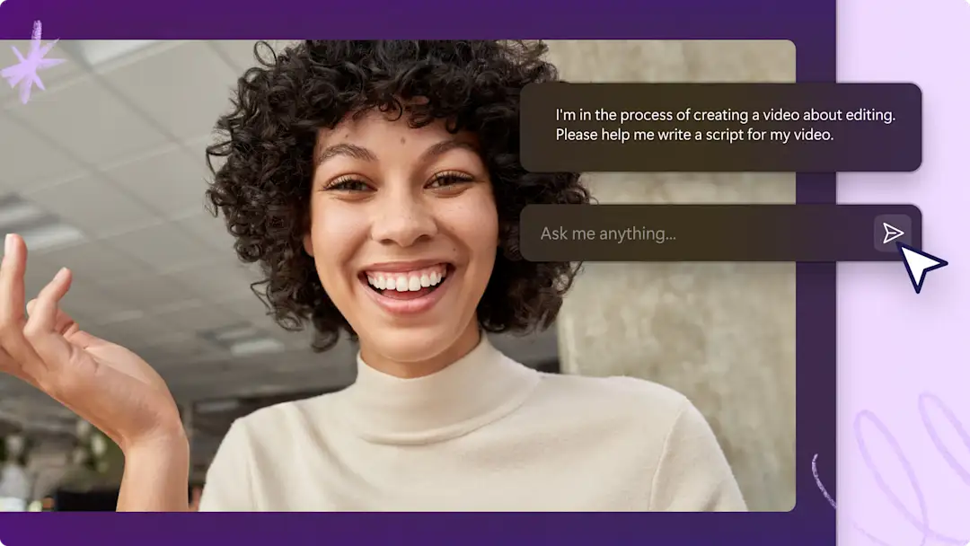 A screengrab of a woman speaking to a webcam with two abstract windows of an AI script generator.