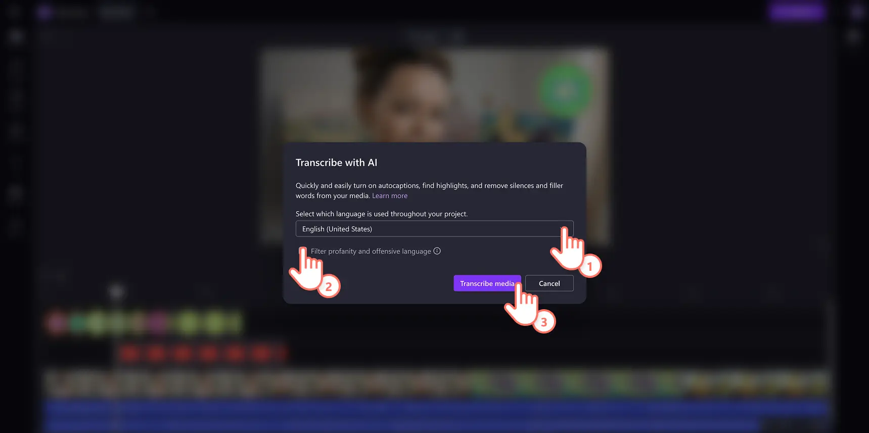 หน้าต่างป็อปอัพคำบรรยายอัตโนมัติใน Clipchamp
