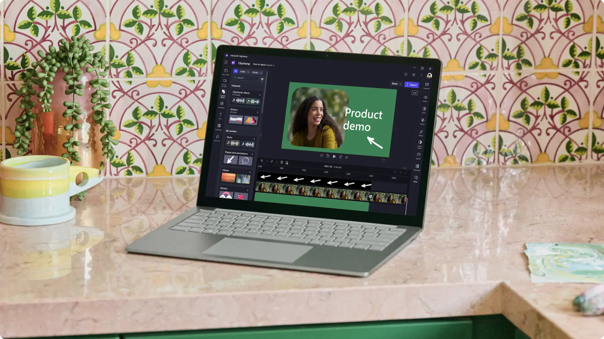 An image of a product demo video in Clipchamp on a laptop. 